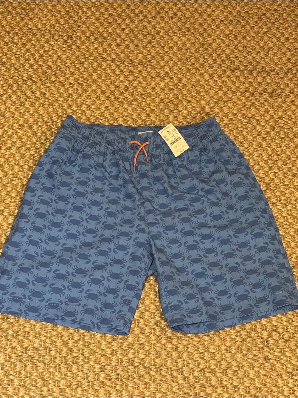 JCrew Blue Crab-Print Swim Trunks with Orange Drawcord